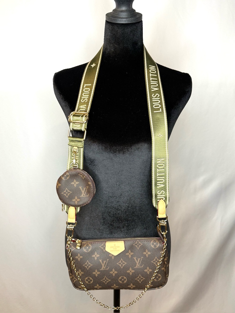 3 Piece Brown Monogram Crossbody with Olive Green Strap